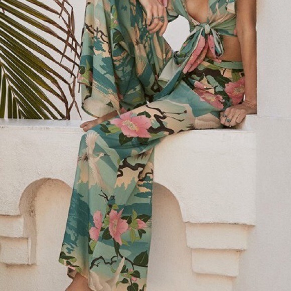 Flowy Wide Leg PANTS Nightingale Teal Floral - Picture 2 of 7